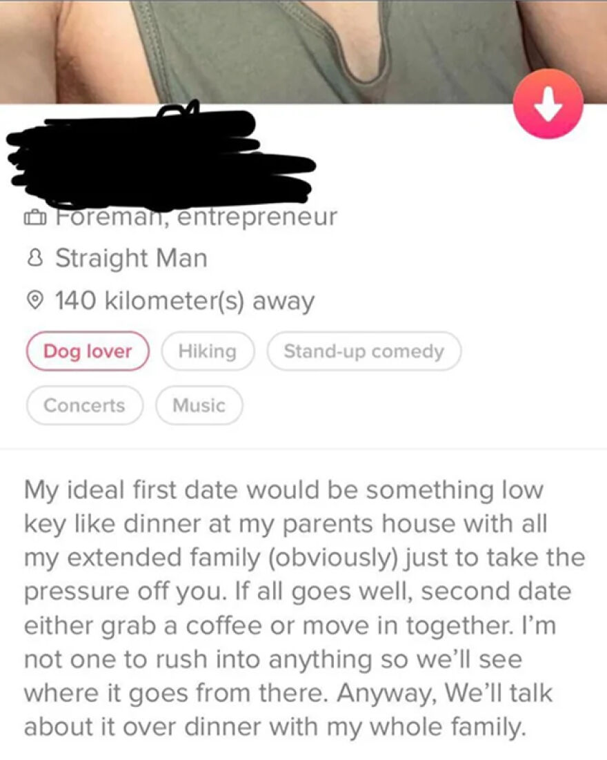 Tinder bio for guys showing interests like dog lover, hiking, stand-up comedy, and a humorous first date idea with family.