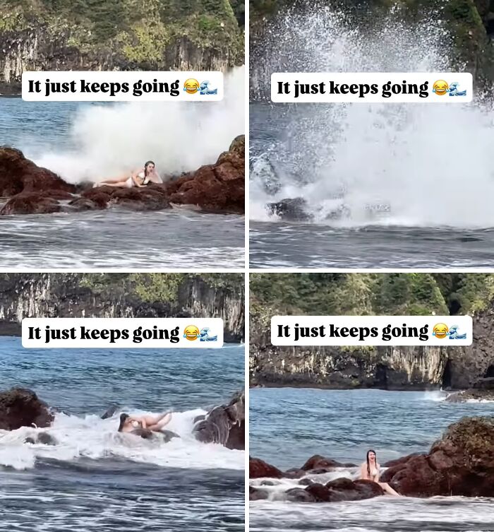 Influencer posing on rocks by the ocean repeatedly splashed by waves, showing ridiculous and funny moments at the shore.