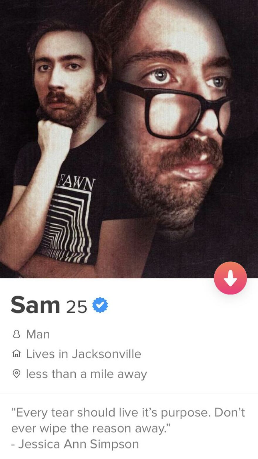 Profile of a man named Sam on a dating app showing a creative Tinder bio from the best Tinder bios for guys.