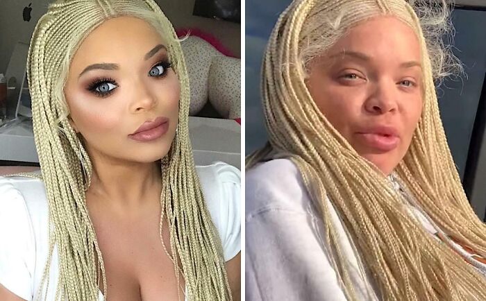 Side-by-side photos showing social media filter effects versus real appearance with braided blonde hair and light makeup.