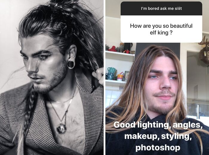 Side-by-side images showing social media filter fails with captions about lighting, makeup, and photoshop attempts.