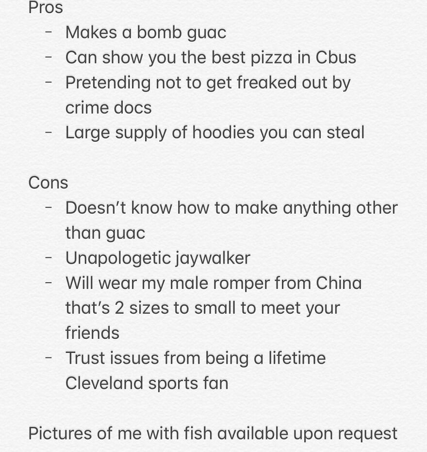 List of pros and cons in a humorous Tinder bio for guys, highlighting traits and quirks for best Tinder bios.