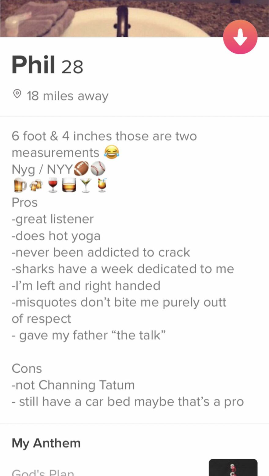 Tinder bio for guy named Phil listing humorous pros and cons, showcasing best Tinder bios for guys.