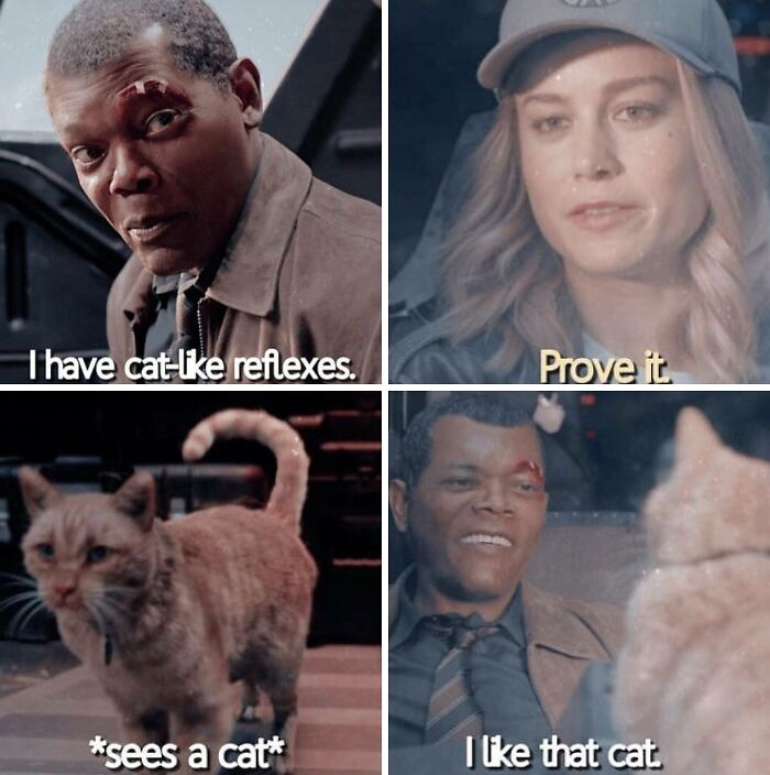 Scene from a TV show meme featuring cat-like reflexes with a man, woman, and a cat, combining cringe-worthy but wholesome humor.