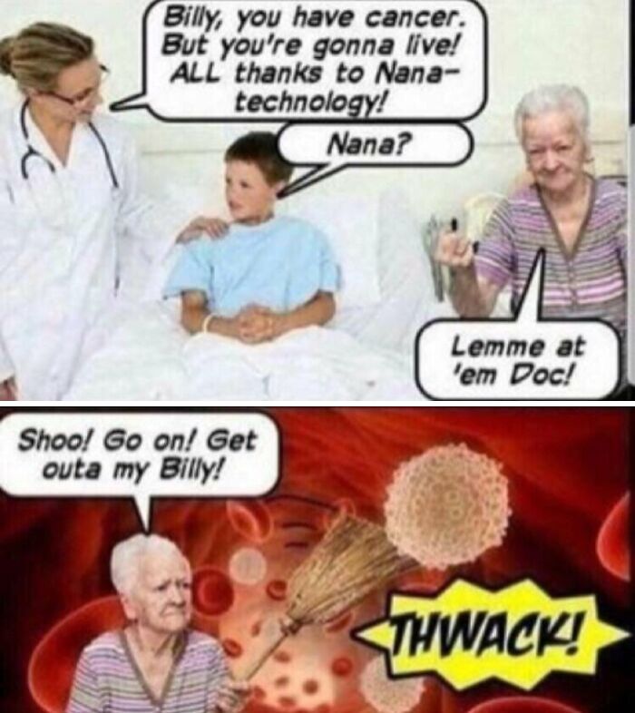 Elderly woman depicted as a nanotech fighting cancer cells inside a boy in a cringe-worthy but wholesome comic.