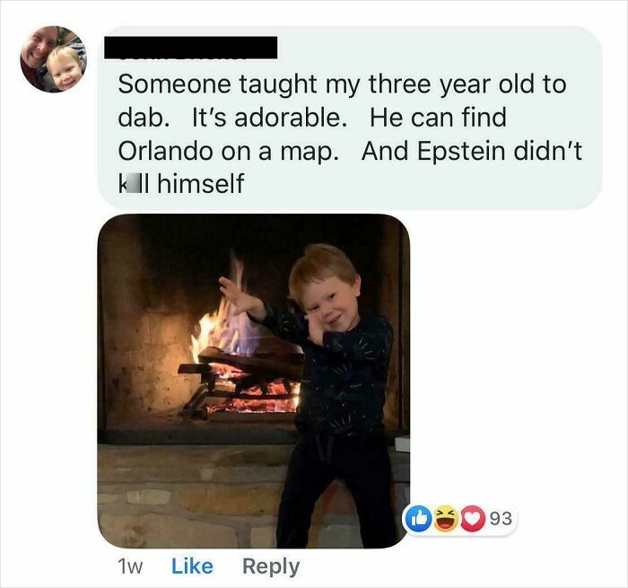 Social media post showing a child dabbing by the fireplace, a cringe-worthy but wholesome moment captured online.