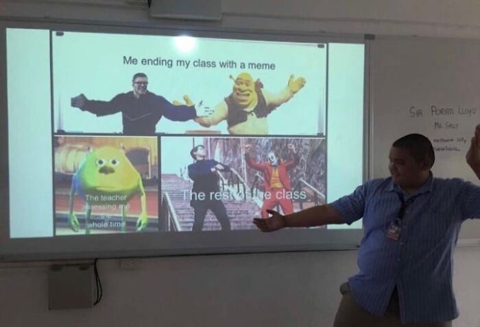 Student presenting a cringe-worthy but wholesome meme on classroom projector, engaging with classmates and teacher reactions.