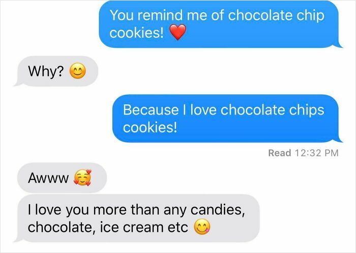Text message conversation with cute, cringe-worthy, and wholesome expressions of love using chocolate chip cookies as a metaphor.