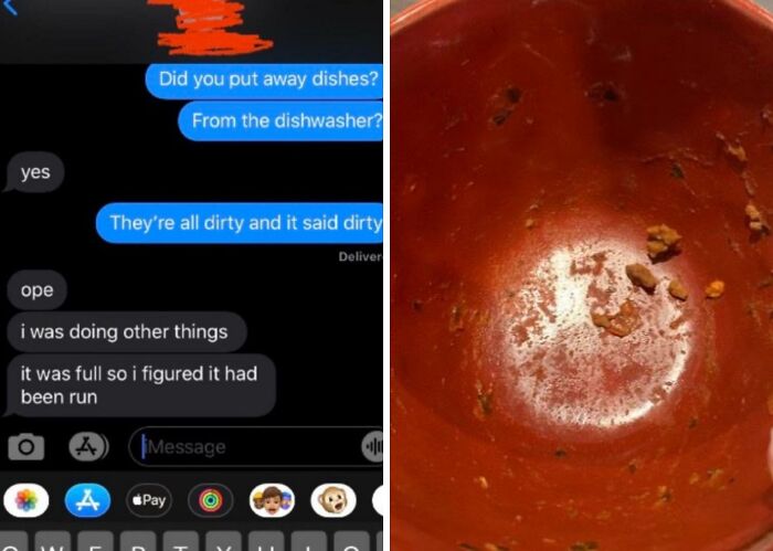Text message exchange showing a messy dishwasher dispute and a dirty bowl with food residue from awful roommates.