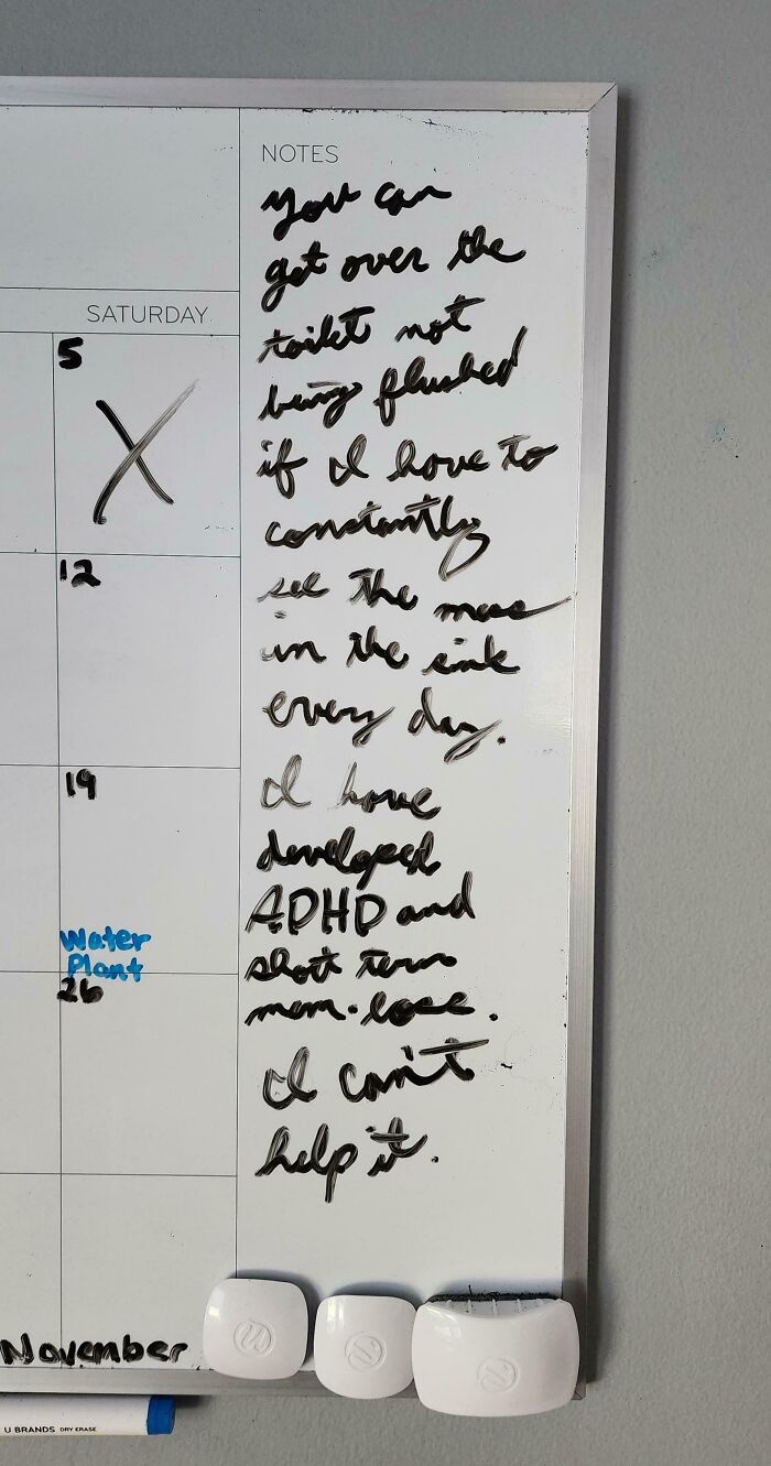 Whiteboard calendar with a handwritten note about an annoying roommate not flushing the toilet and leaving a mess daily.