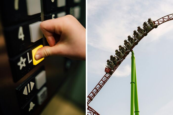 Close-up of a hand pressing an elevator button and a roller coaster with riders against a cloudy sky, toddlers or alligator concept.