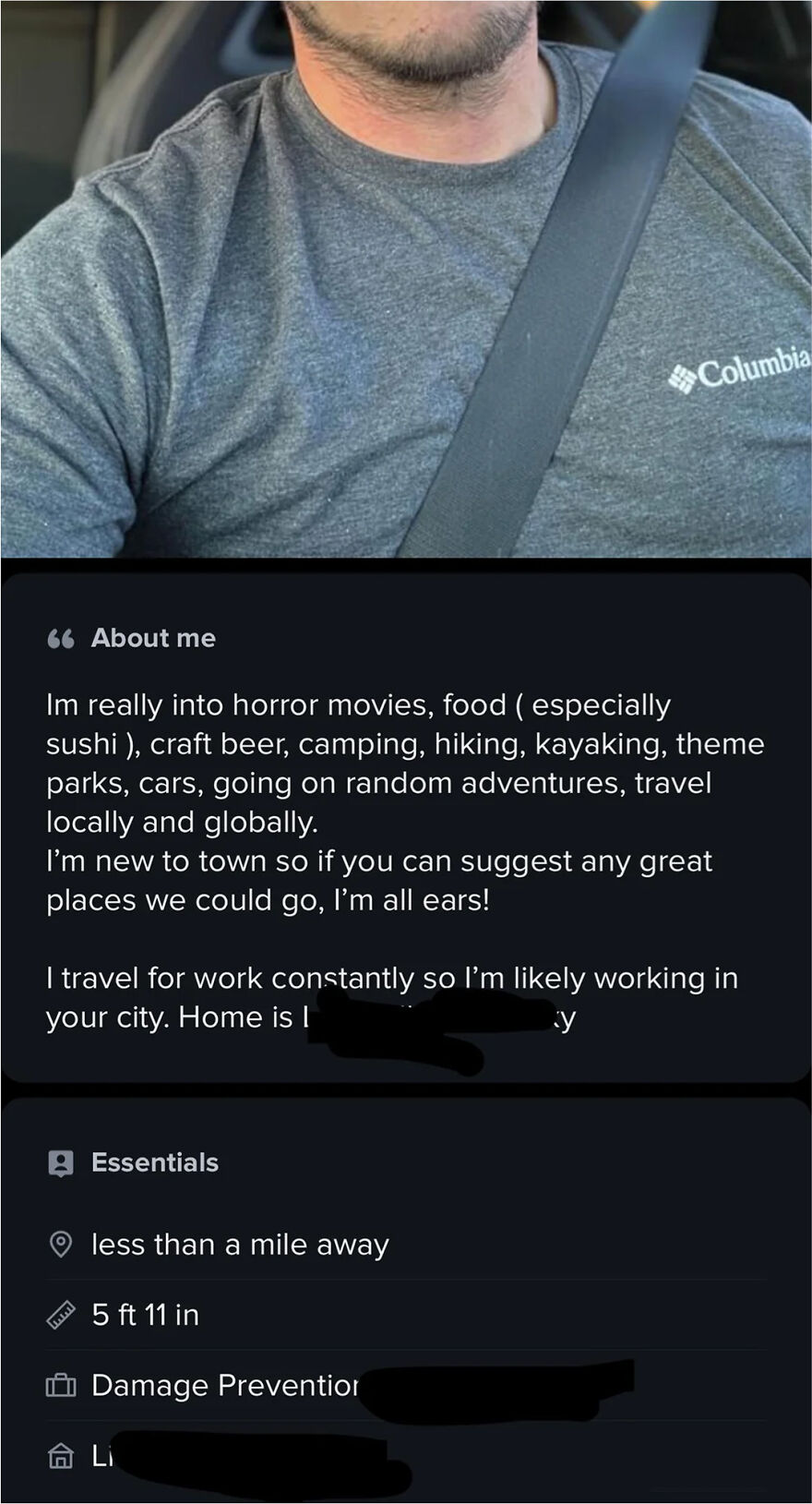 Tinder bio of a man mentioning interests like horror movies, craft beer, and travel in a casual profile for guys.