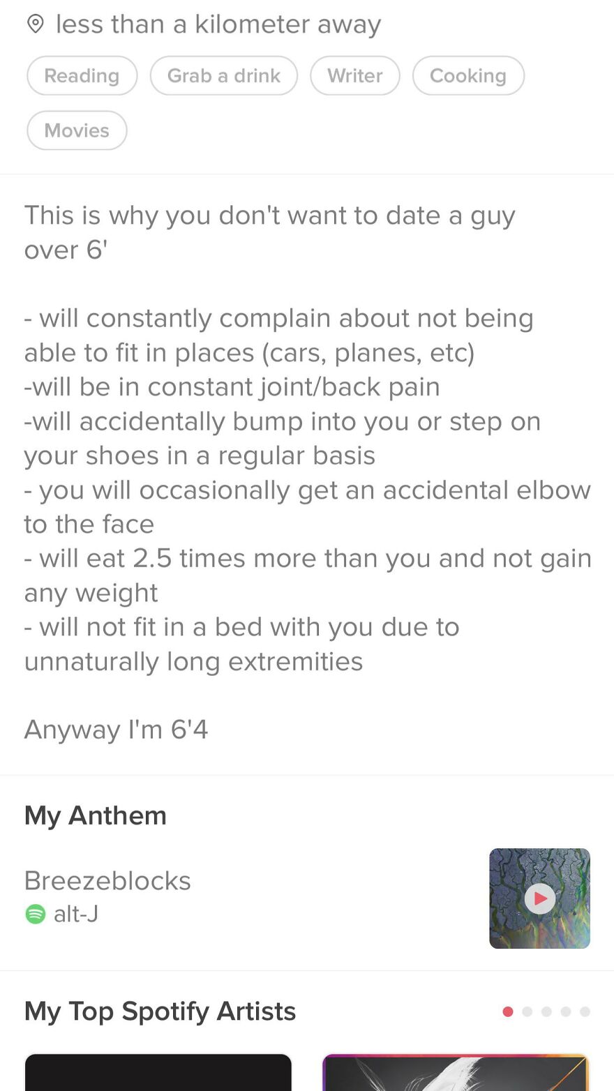 Tinder bio of a tall guy humorously listing reasons not to date him, highlighting unique traits and personality.