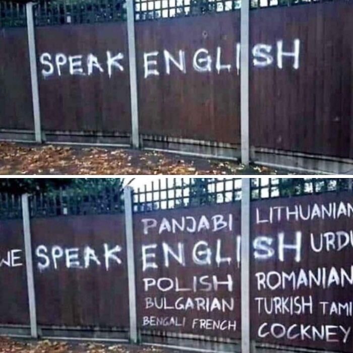 Fence graffiti showing diverse languages alongside English, symbolizing heartwarming stories of global unity and positivity.