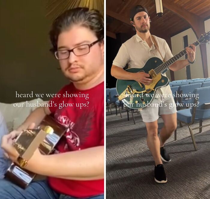 Before and after husband glow-up comparison, showing a dramatic transformation with a guitar in both images.