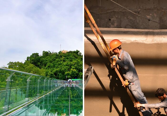 Glass bridge pathway overlooking green hill on left, and construction workers climbing ladder inside tunnel on right.