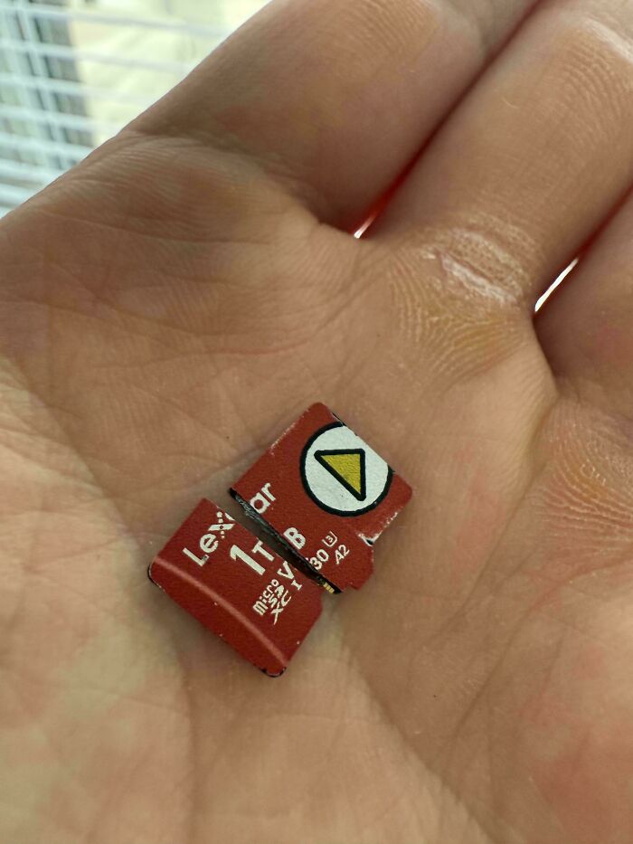 Broken 1TB memory card in hand, showing worst luck on vacation with lost digital storage.