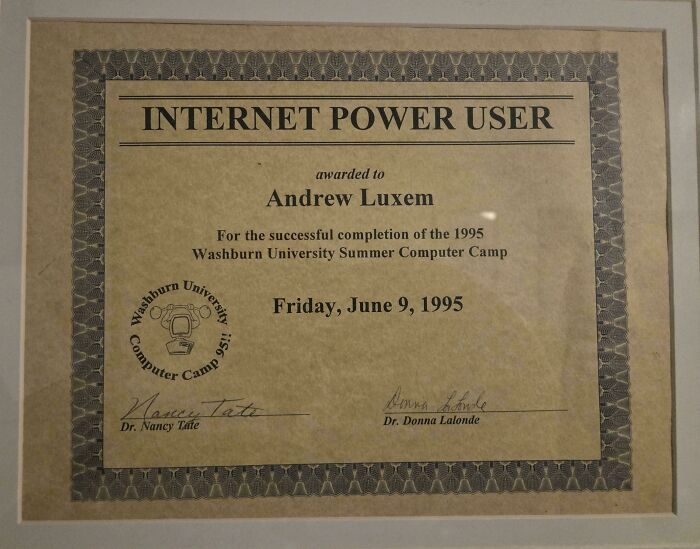 Certificate awarded to Andrew Luxem for completion of 1995 summer computer camp, a nostalgic ’90s memory.