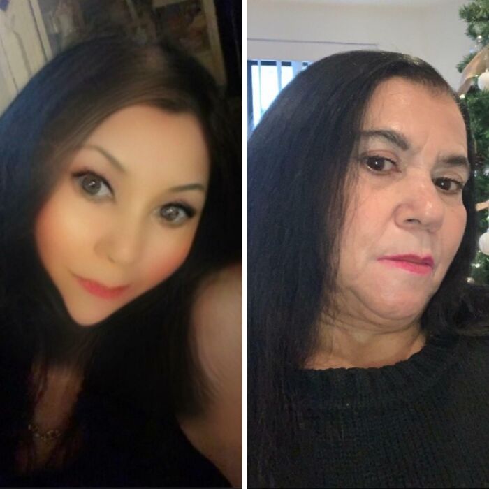 Side-by-side photos of a woman showing the difference between filtered and unfiltered social media images.