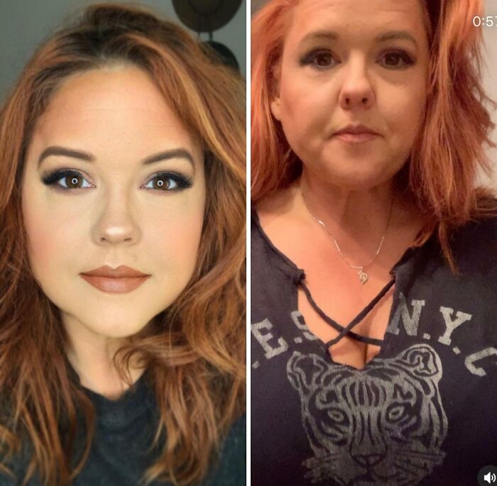 Side-by-side photos showing a woman with heavy makeup and social media filter versus a natural, unfiltered look indoors.