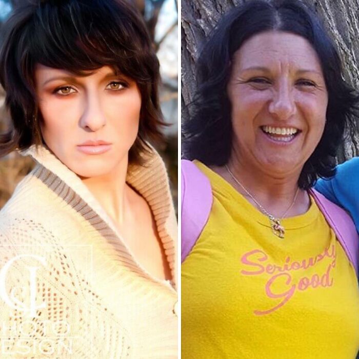 Side-by-side images showing a woman with and without social media filters, highlighting failed filter fakes outside.