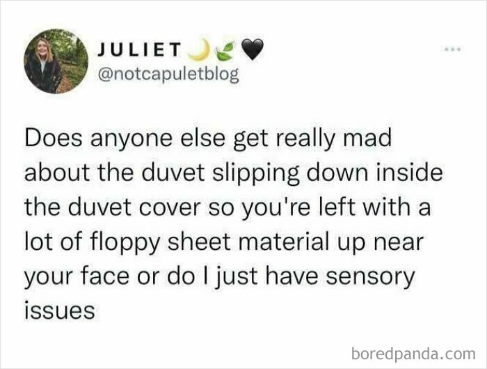 Tweet about duvet slipping inside the cover with relatable humor, part of funny British jokes and memes.