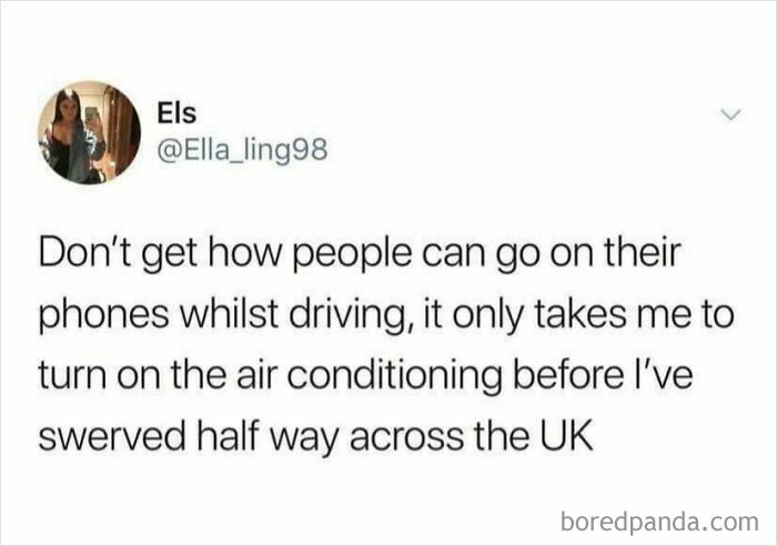 Funny British joke about driving and air conditioning shared on social media, illustrating humor in UK daily life.