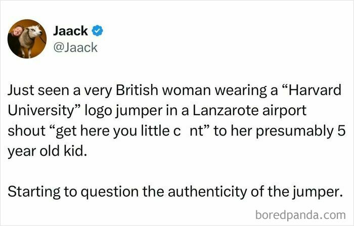 Tweet by Jaack humorously describing a British woman at an airport, illustrating funny British jokes and memes.