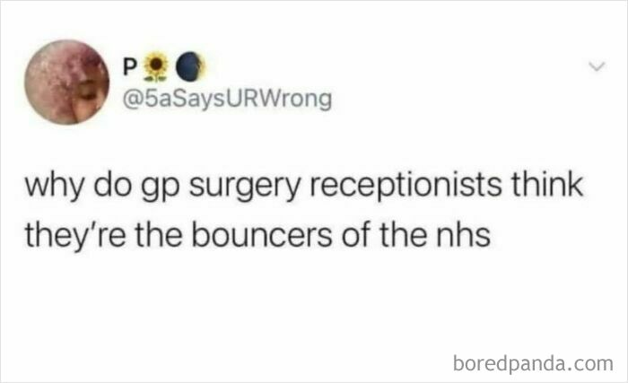 Screenshot of a funny British joke about GP surgery receptionists acting like NHS bouncers, a popular British joke meme.