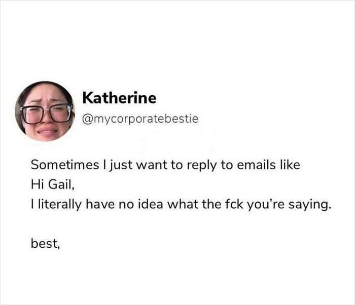 Social media post showing a millennial work meme about struggling to understand confusing emails at work.