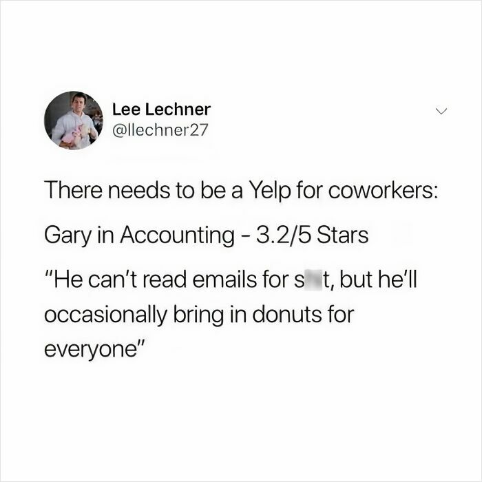 Tweet meme about coworker rating Gary in Accounting with 3.2 stars, highlighting millennial struggles at work humor.
