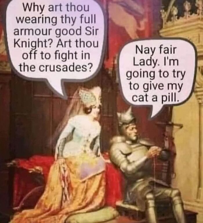 Medieval style cat meme showing a knight in armor explaining he is trying to give his cat a pill.