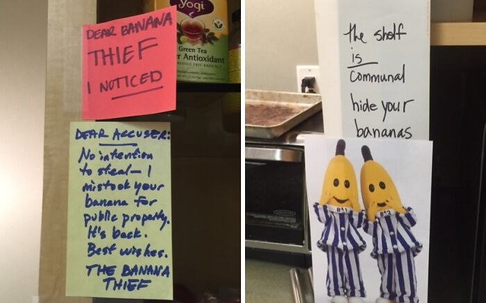 Passive-aggressive coworker notes about banana theft and communal shelf warnings in an office kitchen setting