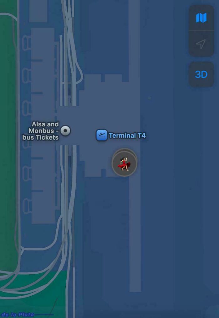 Map screenshot showing a traveler stuck at Terminal T4 marked with a running flamenco dancer icon, highlighting worst luck on vacation.