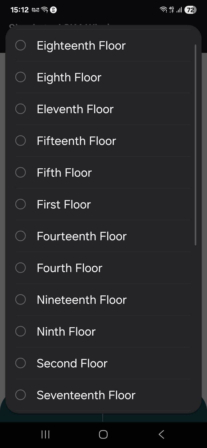 List of floor options showing mixed numerical order, illustrating a common sense fail in selection menus.