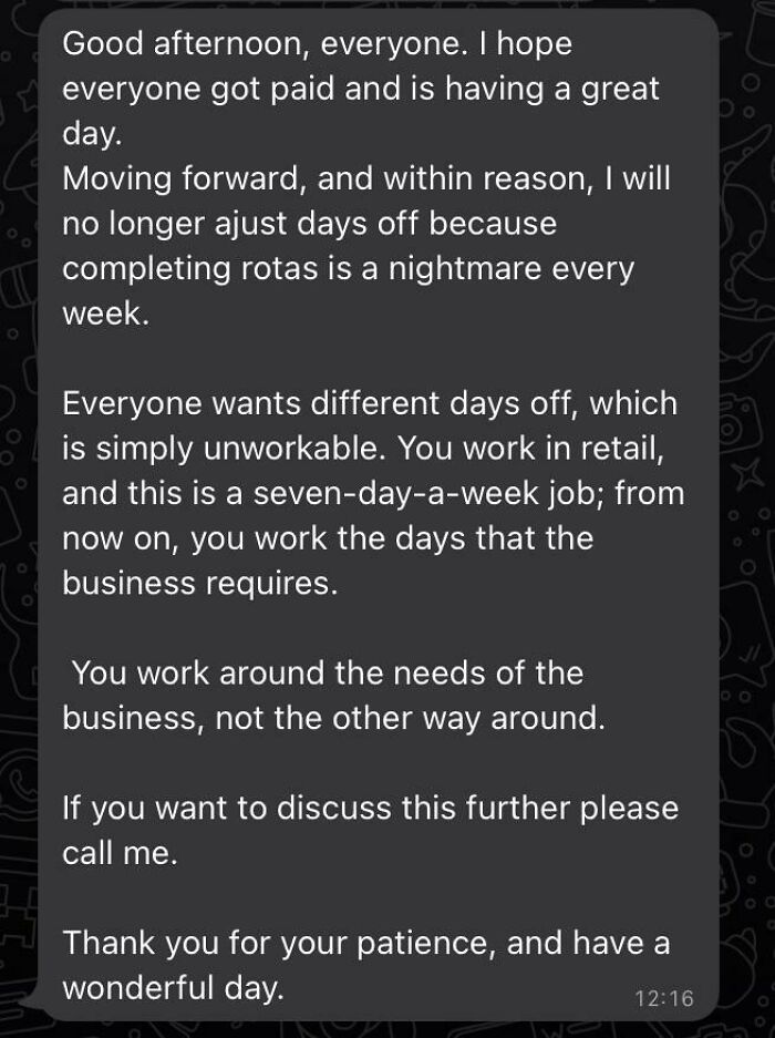 Screenshot of a boss explaining rigid work schedules and refusing to adjust days off in a retail job setting.