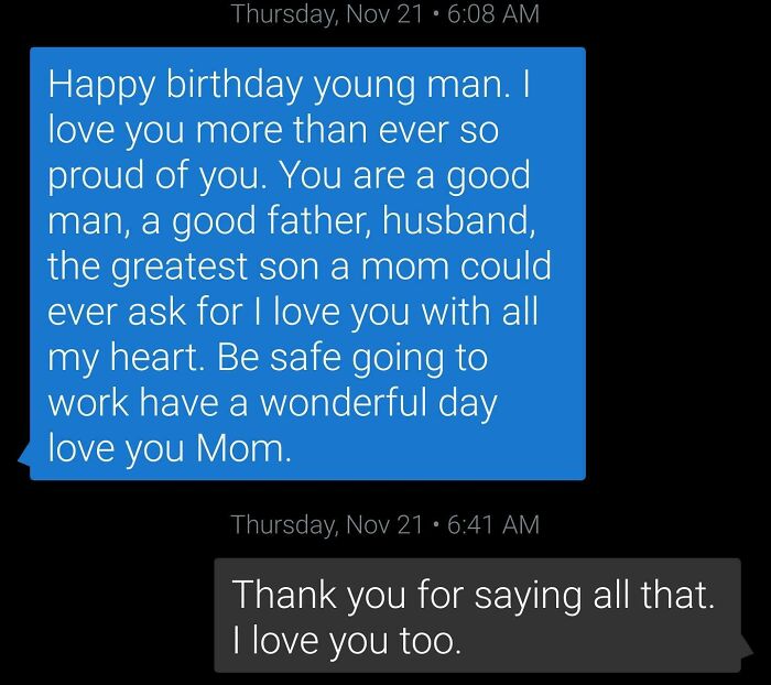Text message exchange showing a mom's loving birthday message to her son, highlighting wholesome family love.