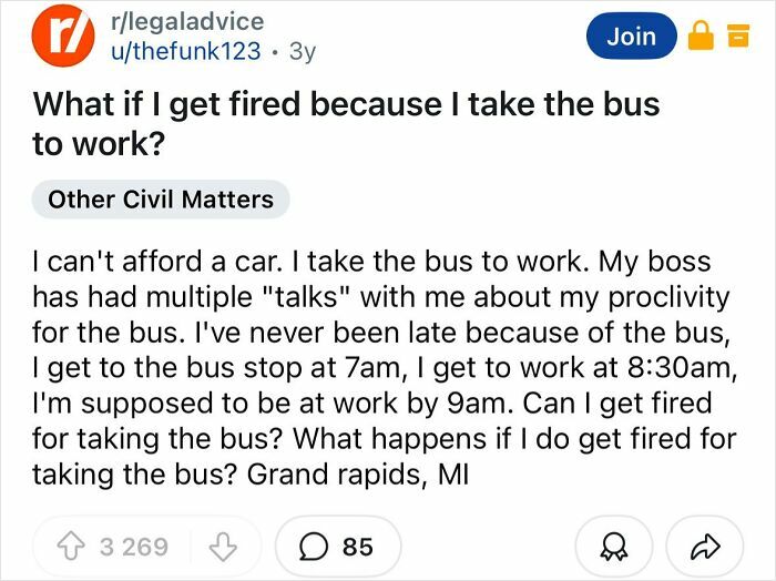Reddit post about concerns of getting fired for taking the bus to work, shared as a reason why people hate their boss.