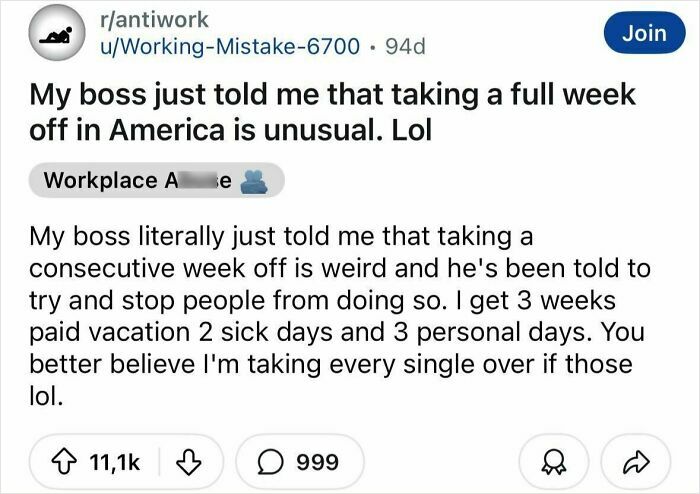 Screenshot of a Reddit post where a user shares why they hate their boss for restricting consecutive weeks off.