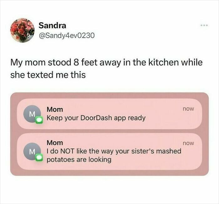 Text messages from mom critiquing mashed potatoes and mentioning DoorDash app, showing relatable humor in everyday human life.