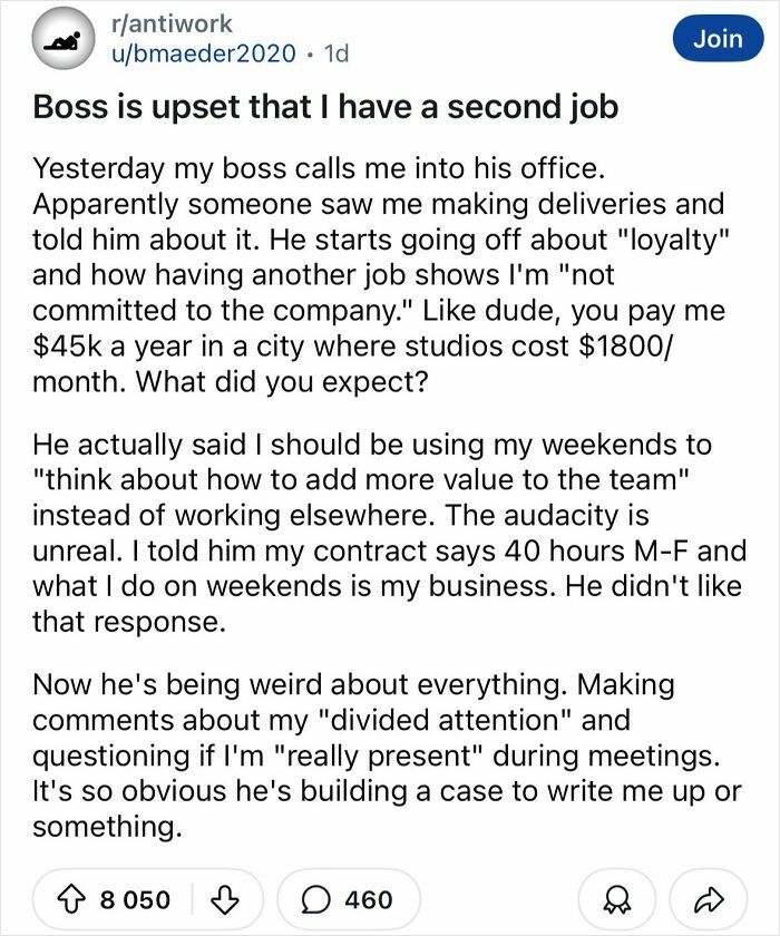 Screenshot of a Reddit post showing a user sharing why they hate their boss over unfair work expectations and divided attention.