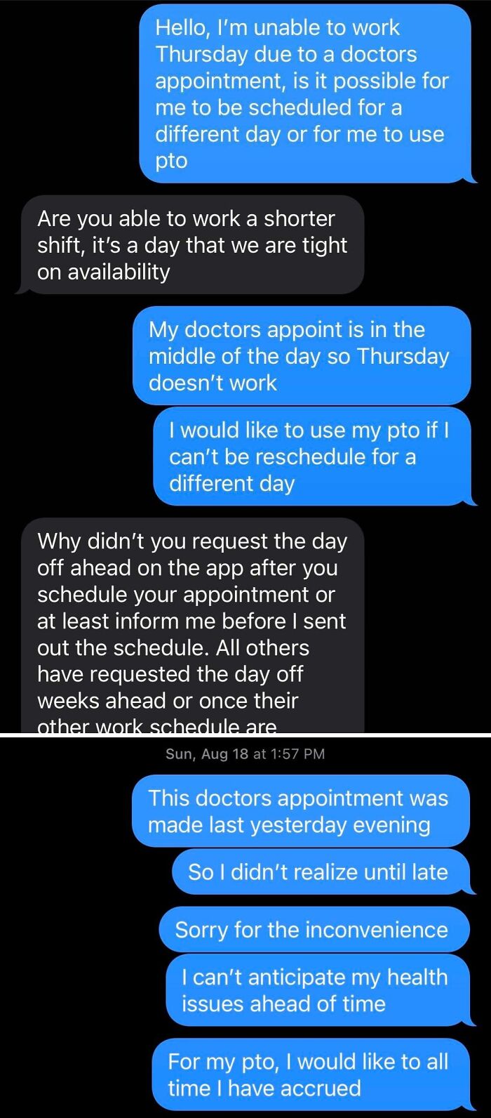 Text message exchange showing employee requesting time off for a doctor's appointment, highlighting frustrations with boss.