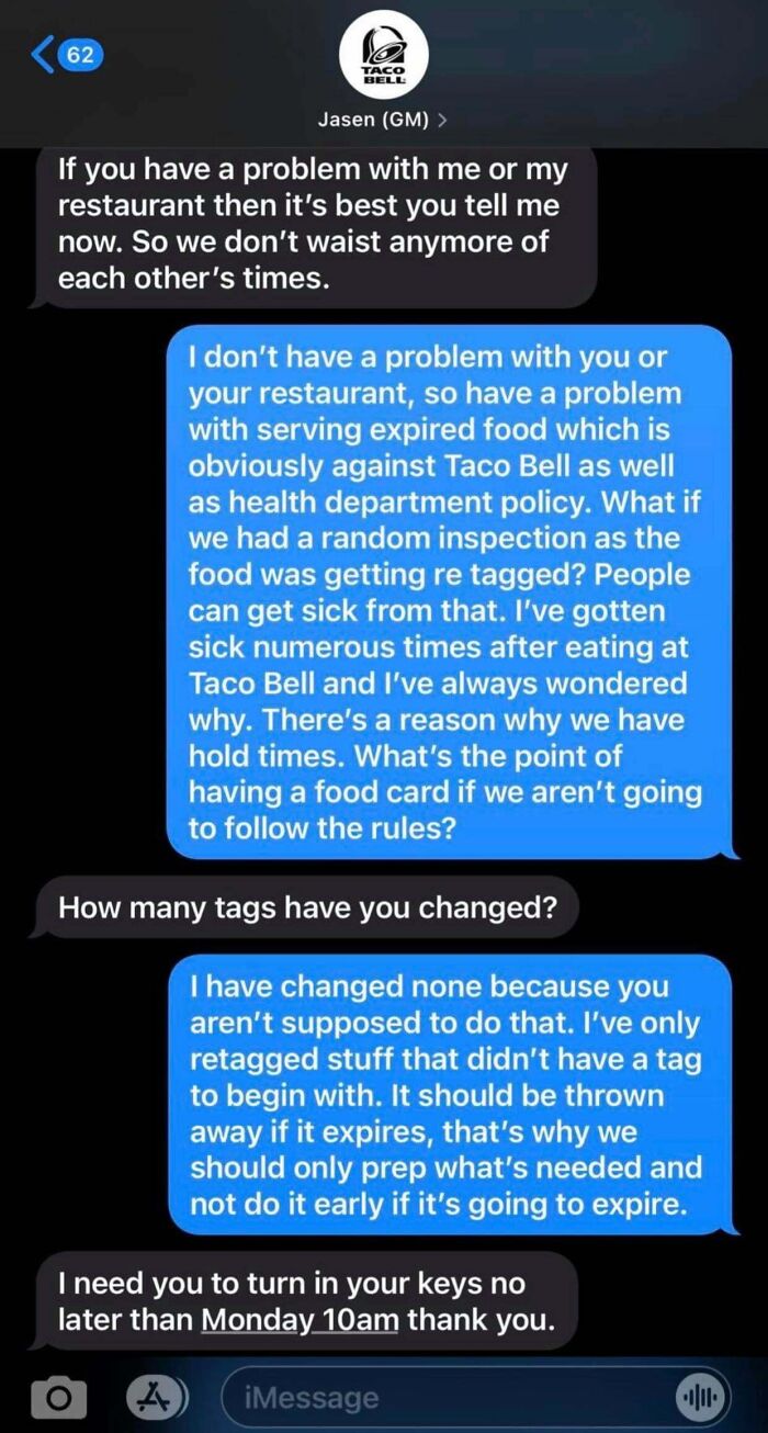 Text message exchange showing employee confronting boss about serving expired food, highlighting reasons people hate their boss.