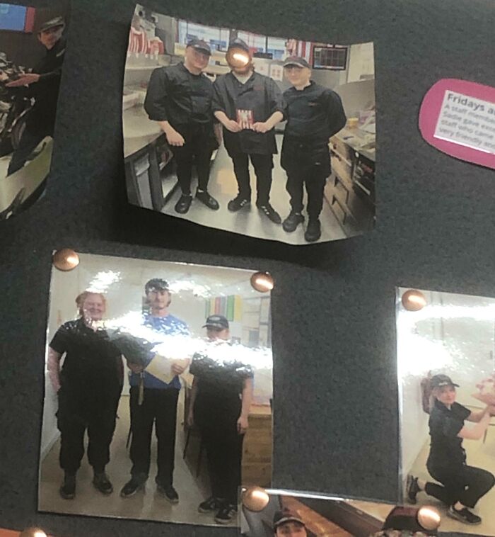 Photos pinned on a board showing groups of workers in uniforms, highlighting why people hate their boss.