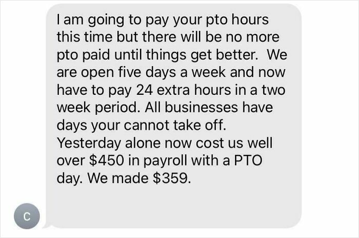 Text message showing a boss refusing to pay PTO hours, highlighting reasons employees hate their boss.
