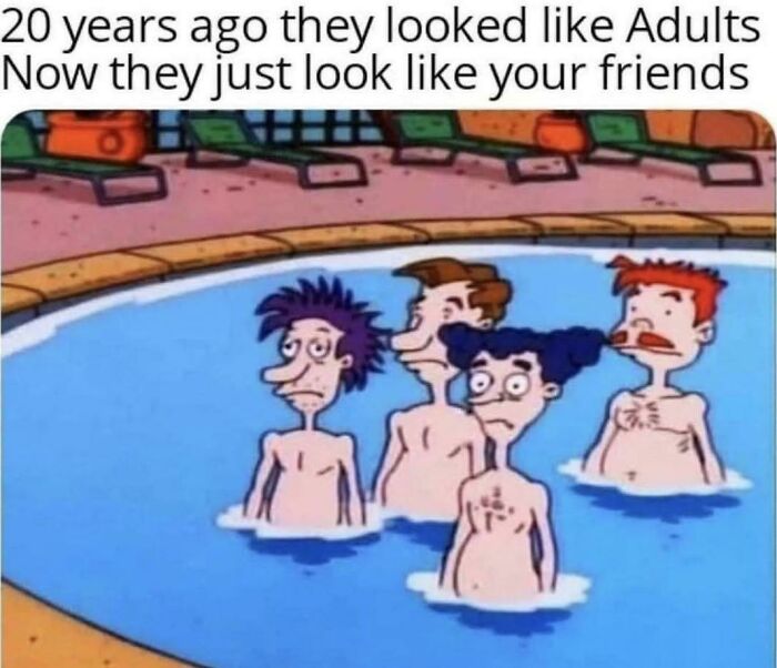 Cartoon characters in a pool with text about aging and funny ’90s posts and memes recalling childhood memories.