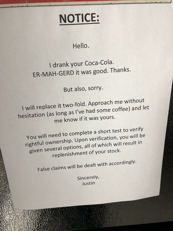 Passive-aggressive coworker note humorously addressing drinking Coca-Cola with a promise to replace it twice.
