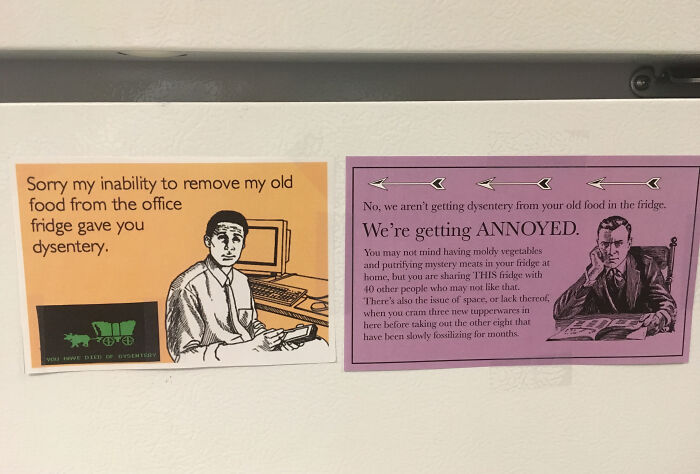 Passive-aggressive coworker notes posted on office fridge addressing food frustration and shared space annoyances.