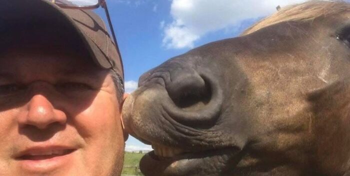 UPS driver smiling next to a horse nose, showcasing one of the adorable pets UPS drivers met during deliveries.