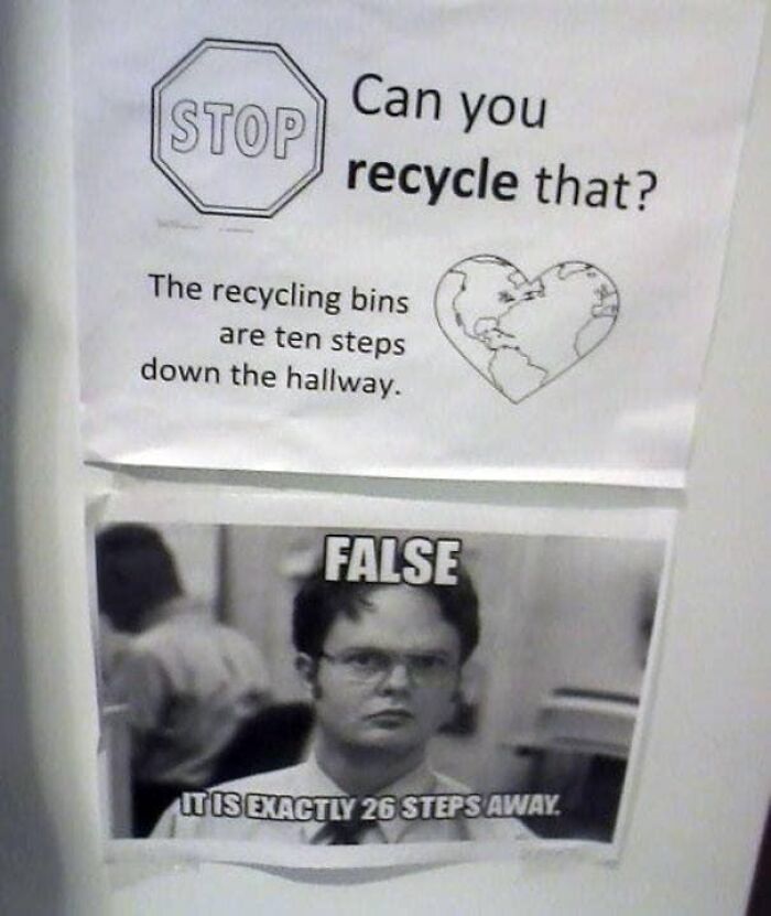 Passive-aggressive coworker notes about recycling bins with a humorous meme disputing the distance in office hallway steps